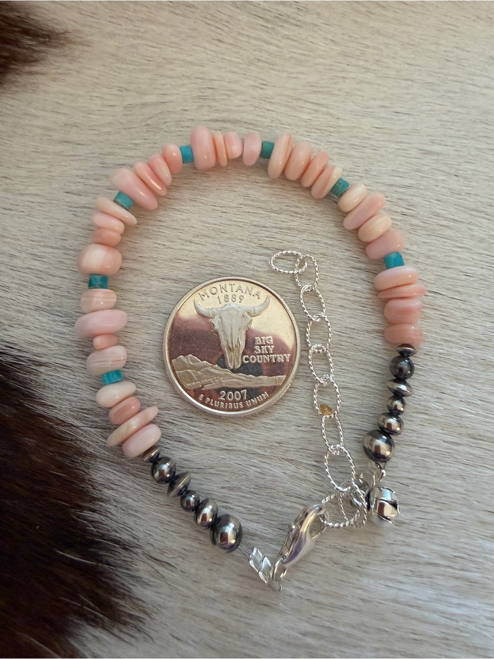 ❤️ 925 Navajo Desert Pearls Saucers Pink Conch Kingman Turquoise Bracelet Charm - Picture 6 of 11